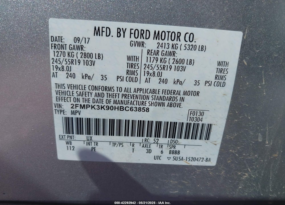 2017 FORD EDGE TITANIUM VIN: 2FMPK3K90HBC63858