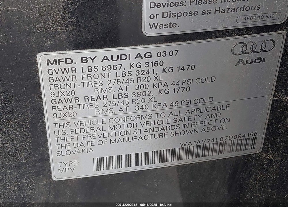 2007 AUDI Q7 4.2 VIN: WA1AV74L87D094158