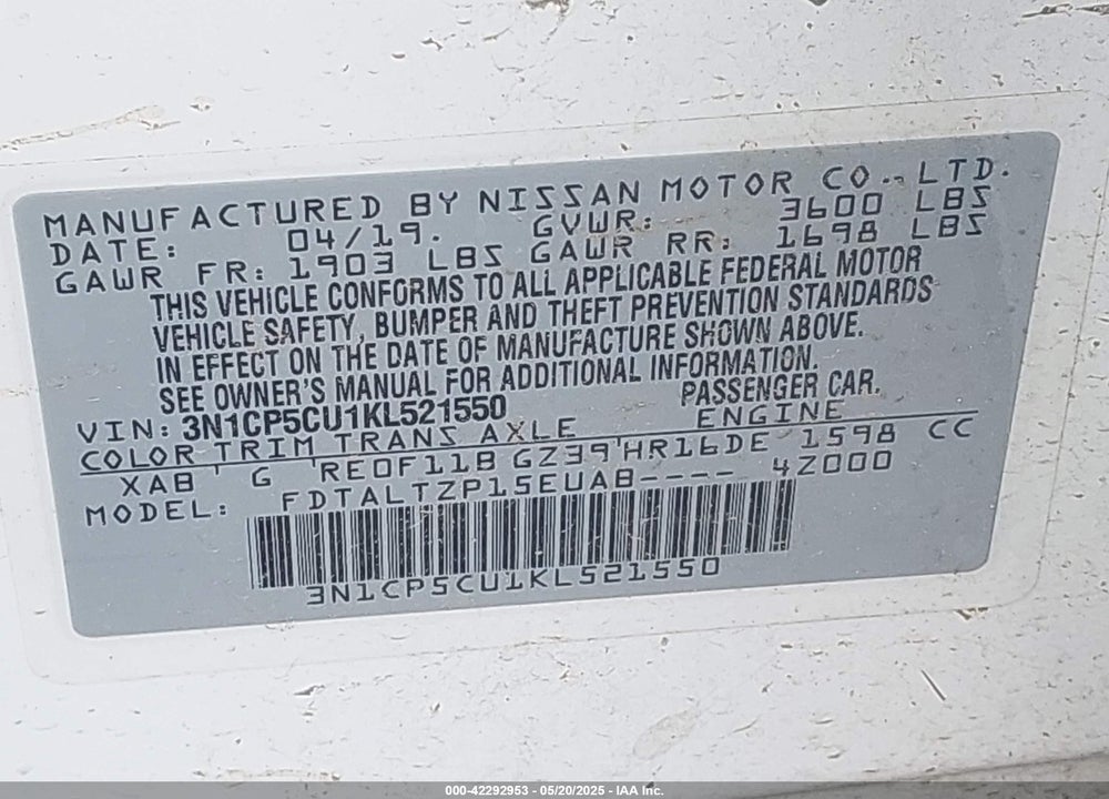 2019 NISSAN KICKS VIN: 3N1CP5CU1KL521550