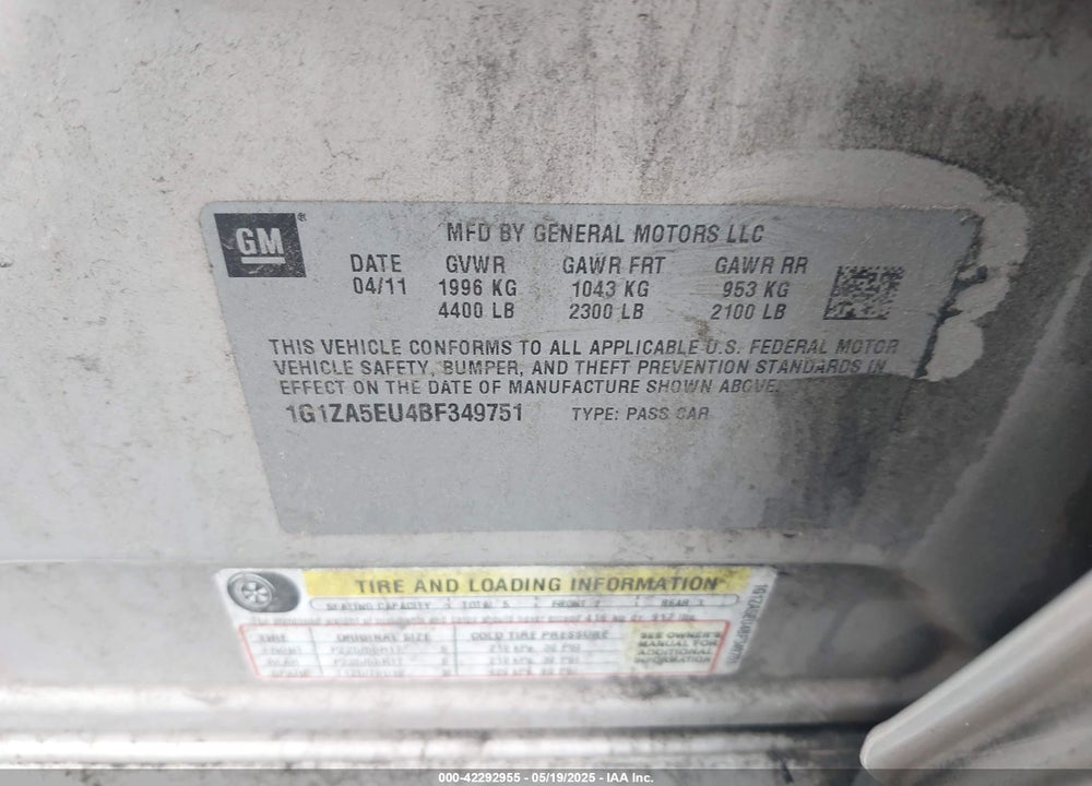 2011 CHEVROLET MALIBU VIN: 1G1ZA5EU4BF349751