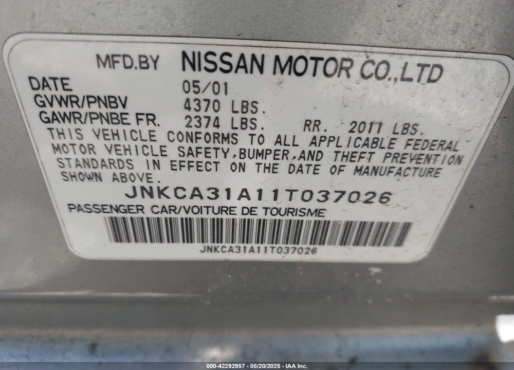 2001 INFINITI I30 LUXURY VIN: JNKCA31A11T037026