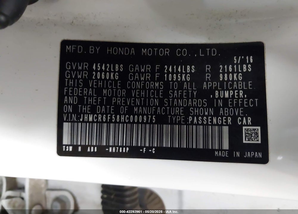 2017 HONDA ACCORD HYBRID VIN: JHMCR6F58HC000975