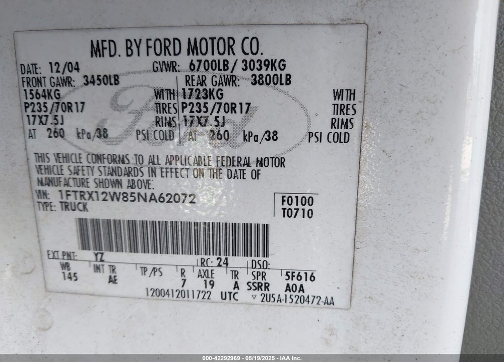 2005 FORD F-150 STX/XL/XLT VIN: 1FTRX12W85NA62072