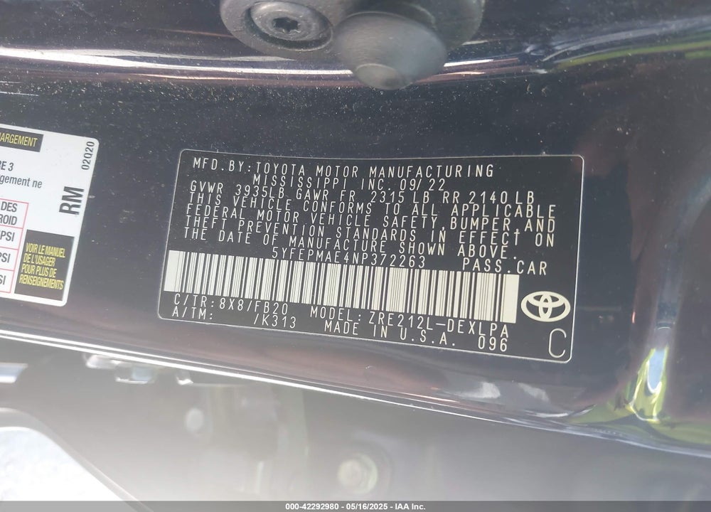 2022 TOYOTA COROLLA VIN: 5YFEPMAE4NP372263