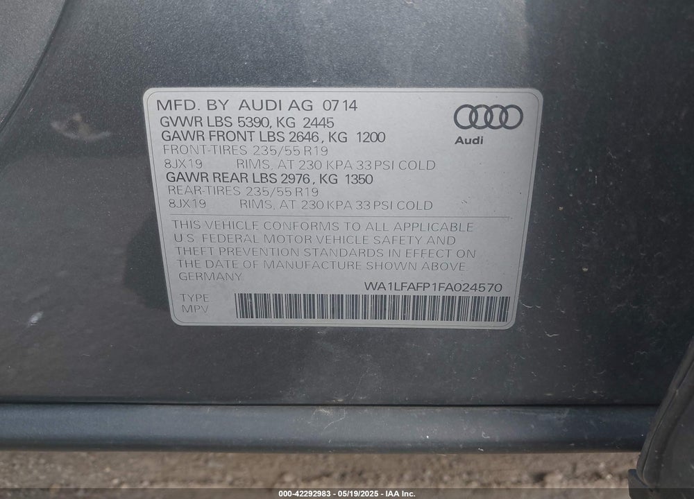 2015 AUDI Q5 2.0T PREMIUM VIN: WA1LFAFP1FA024570