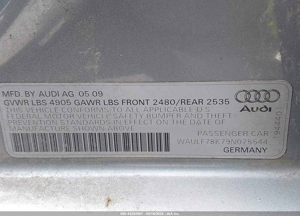 2009 AUDI A4 VIN: WAULF78K79N075544