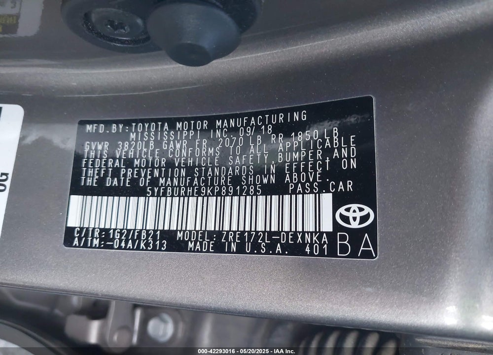 2019 TOYOTA COROLLA LE VIN: 5YFBURHE9KP891285