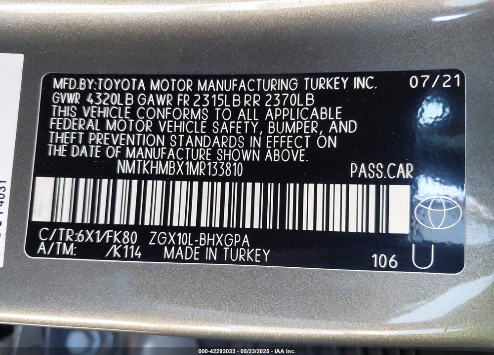 2021 TOYOTA C-HR XLE VIN: NMTKHMBX1MR133810