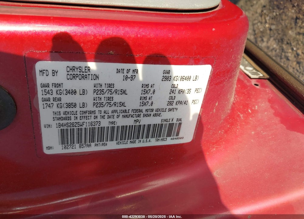 1998 DODGE DURANGO SLT VIN: 1B4HS28Z5WF116373
