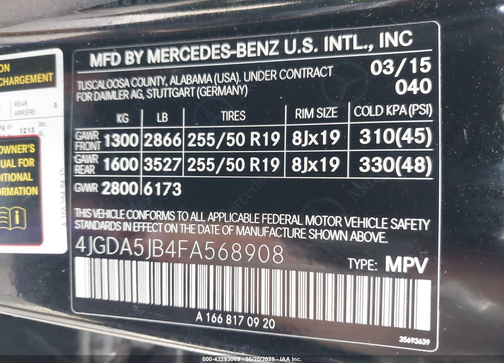2015 MERCEDES-BENZ ML 350 VIN: 4JGDA5JB4FA568908