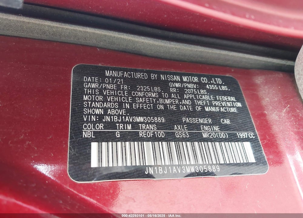 2021 NISSAN ROGUE SPORT VIN: JN1BJ1AV3MW305889