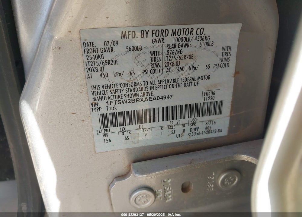 2010 FORD F-250 VIN: 1FTSW2BRXAEA04947