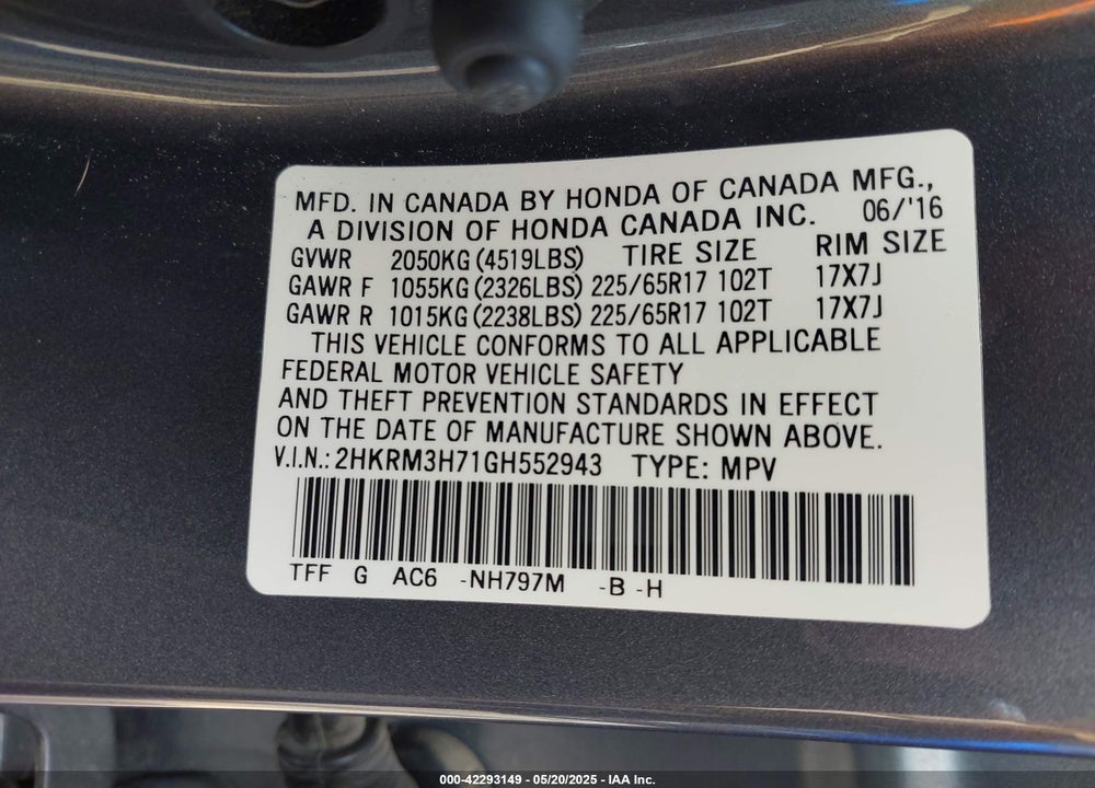 2016 HONDA CR-V VIN: 2HKRM3H71GH552943