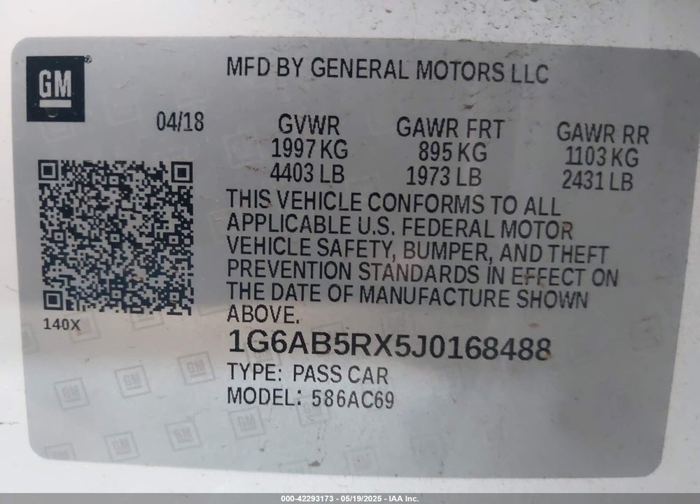 2018 CADILLAC ATS VIN: 1G6AB5RX5J0168488
