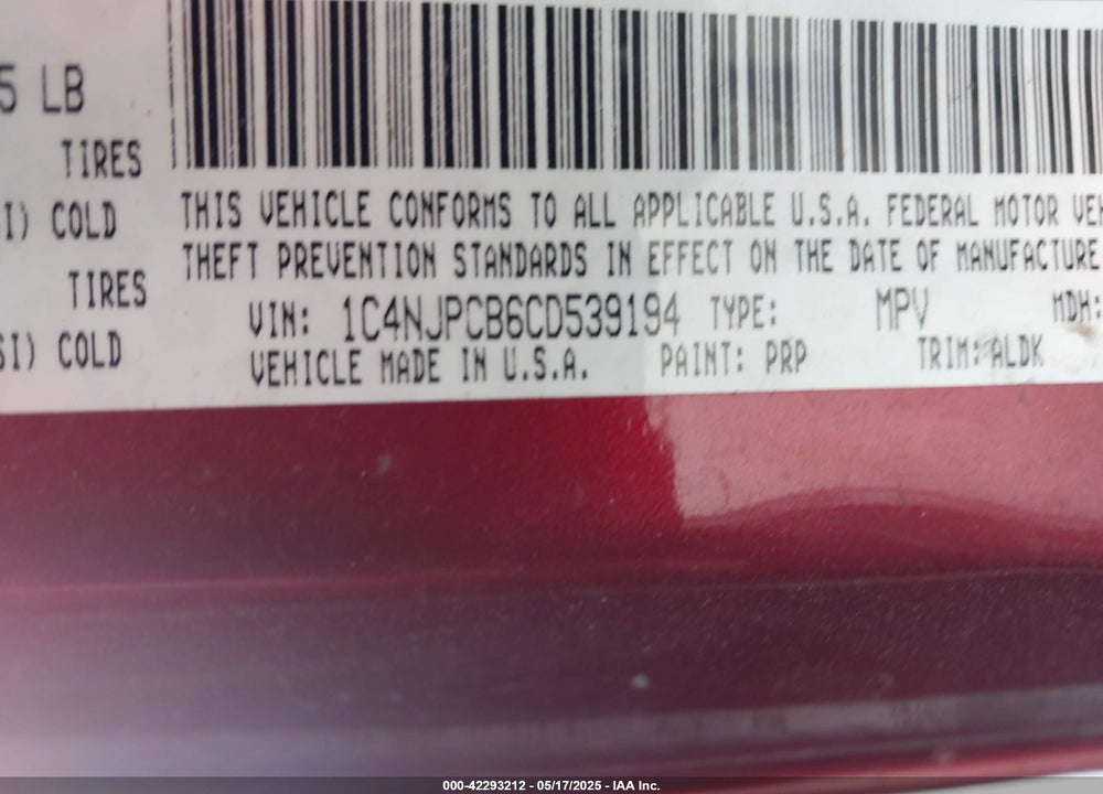 2012 JEEP PATRIOT VIN: 1C4NJPCB6CD539194