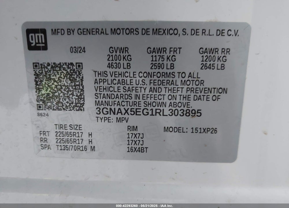 2024 CHEVROLET EQUINOX AWD 1FL VIN: 3GNAX5EG1RL303895