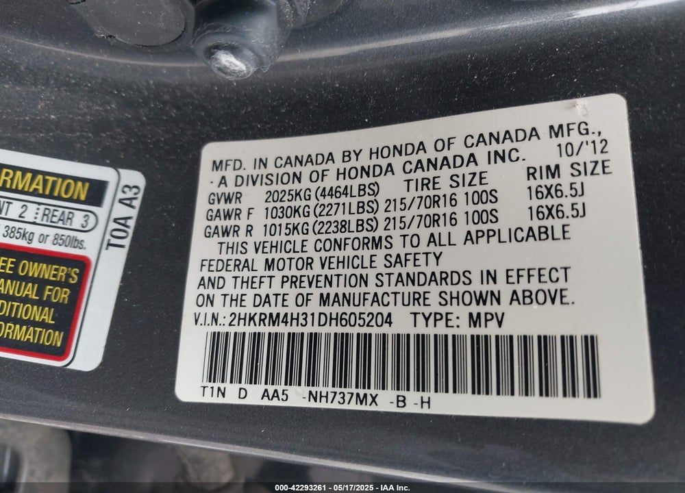 2013 HONDA CR-V LX VIN: 2HKRM4H31DH605204