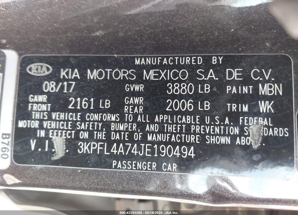 2018 KIA FORTE LX VIN: 3KPFL4A74JE190494