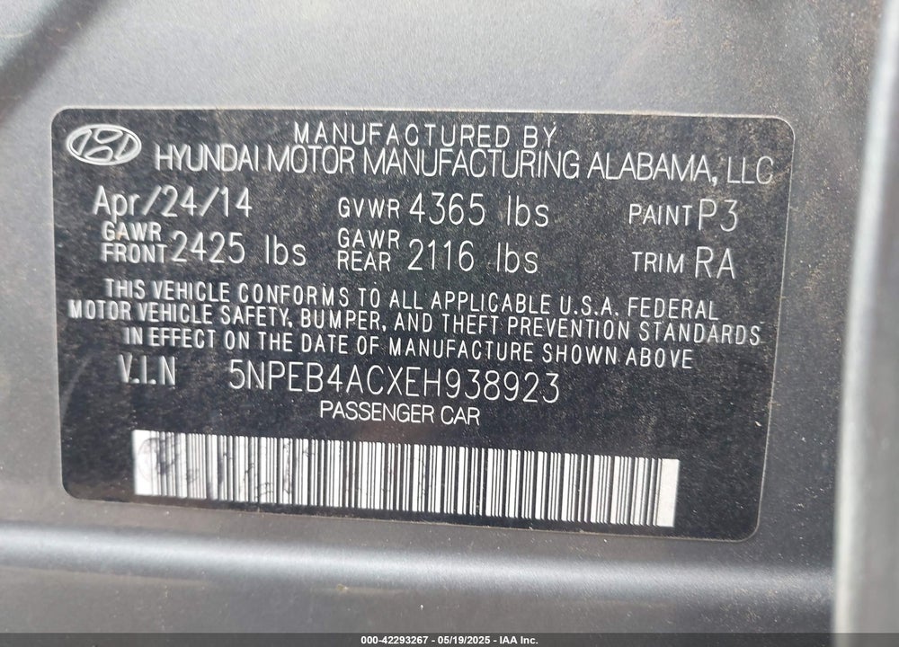 2014 HYUNDAI SONATA VIN: 5NPEB4ACXEH938923