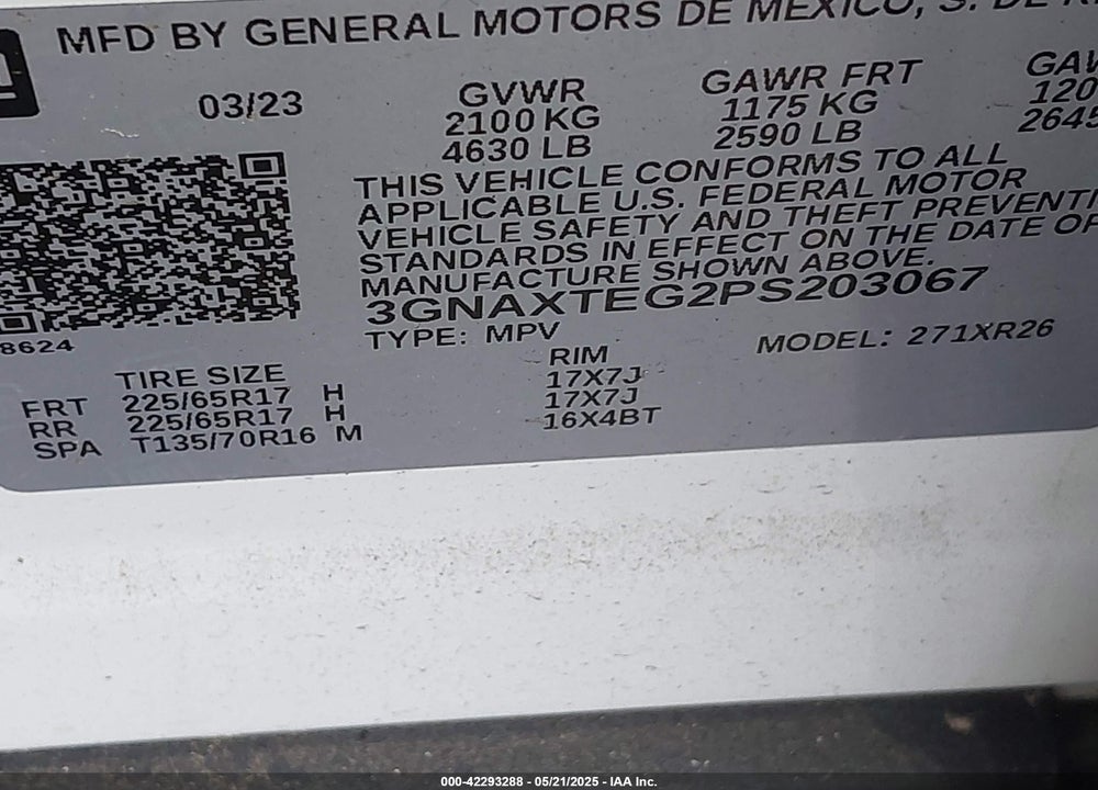2023 CHEVROLET EQUINOX VIN: 3GNAXTEG2PS203067