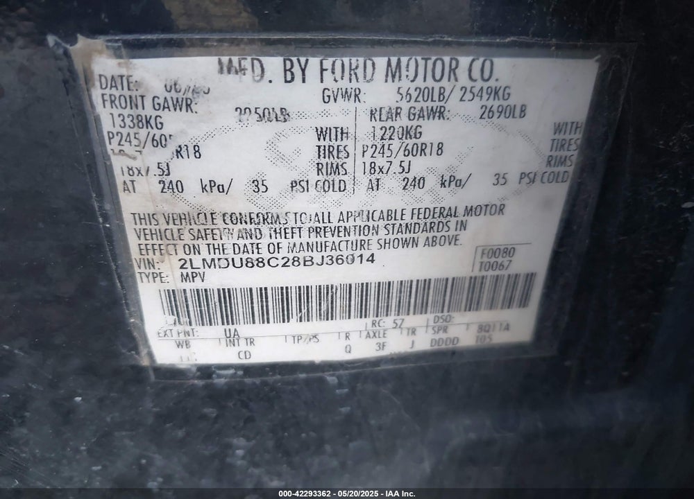 2008 LINCOLN MKX VIN: 2LMDU88C28BJ36014