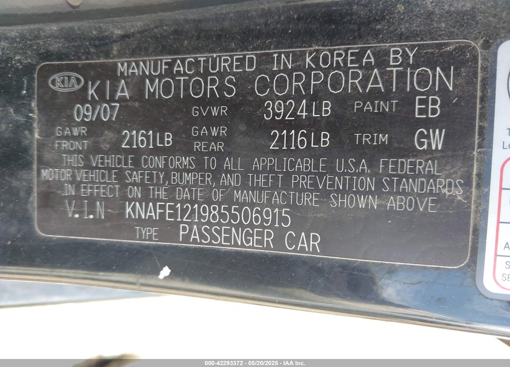 2008 KIA SPECTRA EX VIN: KNAFE121985506915