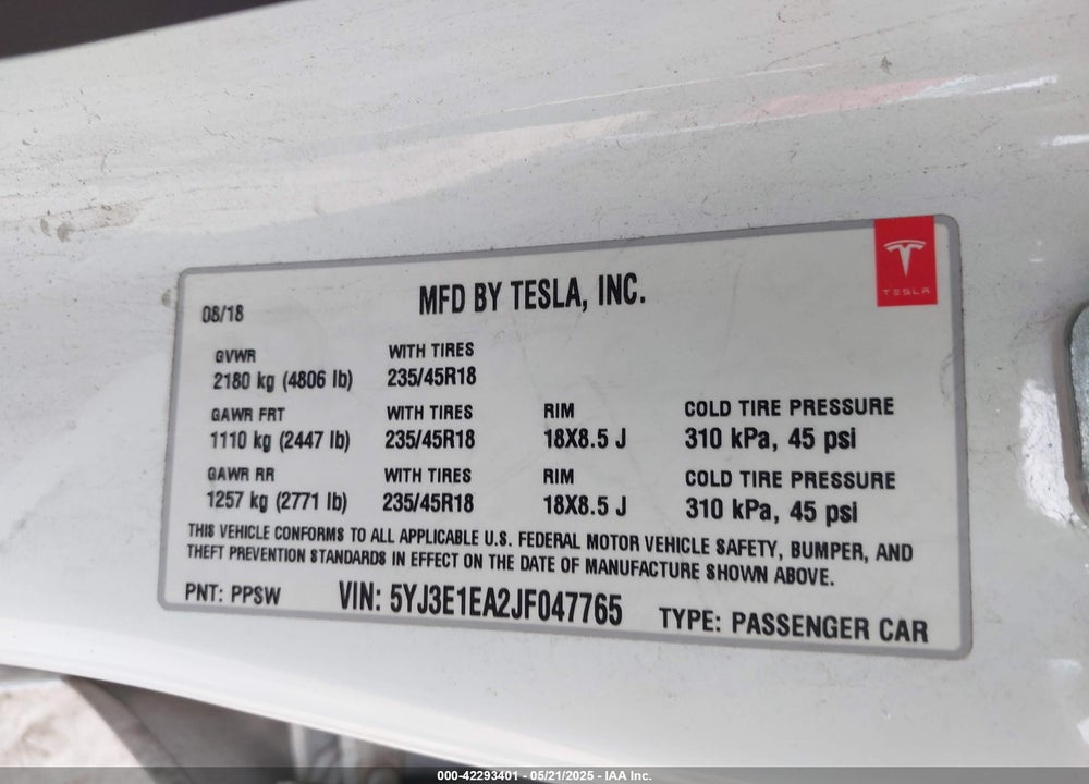 2018 TESLA MODEL 3 VIN: 5YJ3E1EA2JF047765