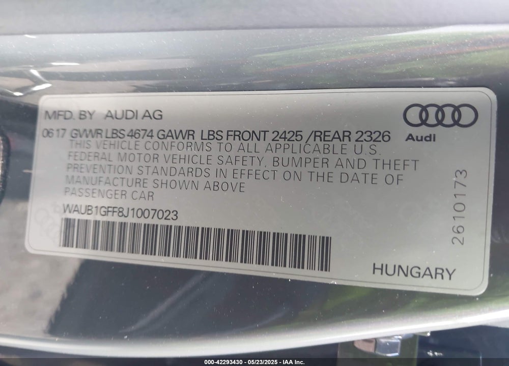 2018 AUDI S3 2.0T PREMIUM PLUS/2.0T TECH PREMIUM PLUS VIN: WAUB1GFF8J1007023