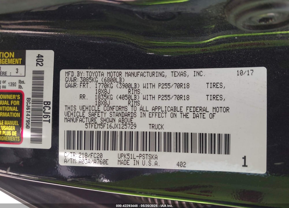 2018 TOYOTA TUNDRA VIN: 5TFEM5F16JX125729