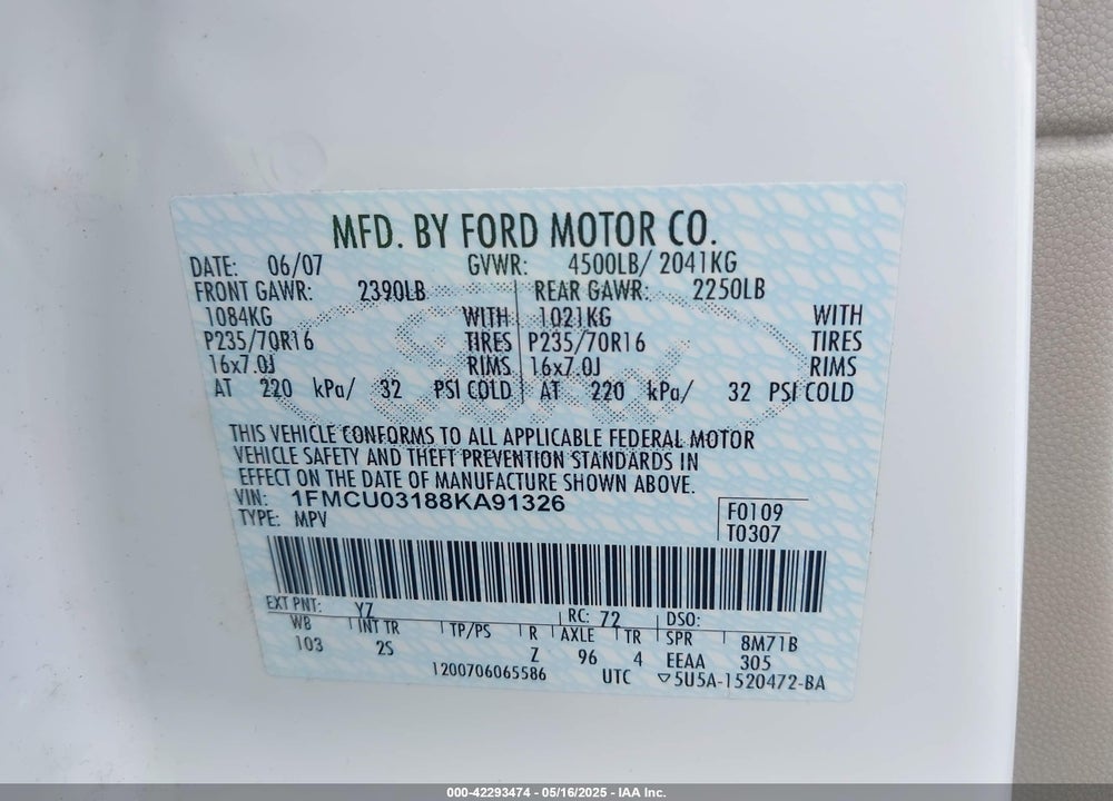2008 FORD ESCAPE XLT VIN: 1FMCU03188KA91326