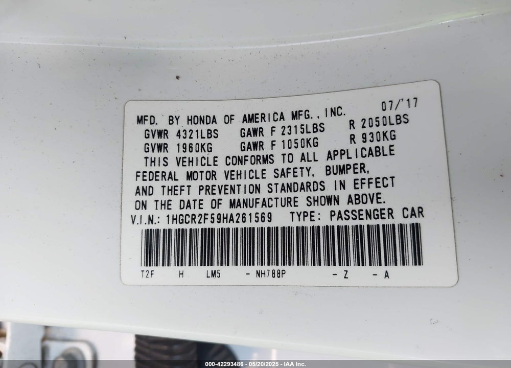 2017 HONDA ACCORD SPORT VIN: 1HGCR2F59HA261569