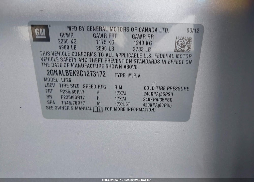 2012 CHEVROLET EQUINOX VIN: 2GNALBEK8C1273172