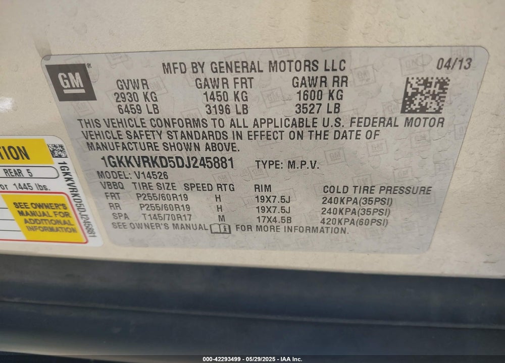 2013 GMC ACADIA VIN: 1GKKVRKD5DJ245881