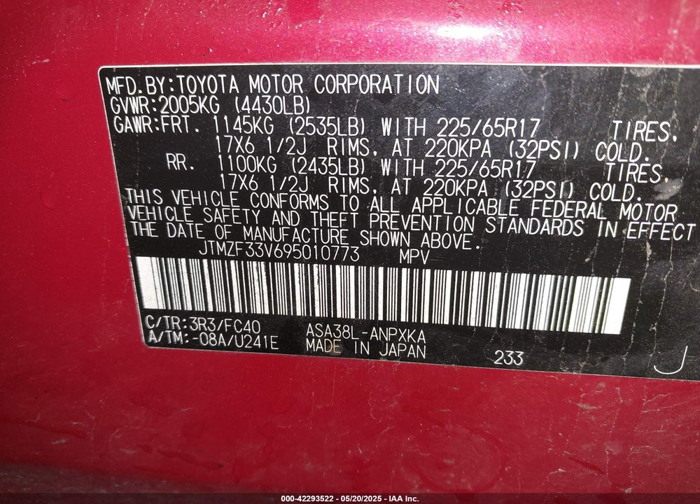 2009 TOYOTA RAV4 VIN: JTMZF33V695010773