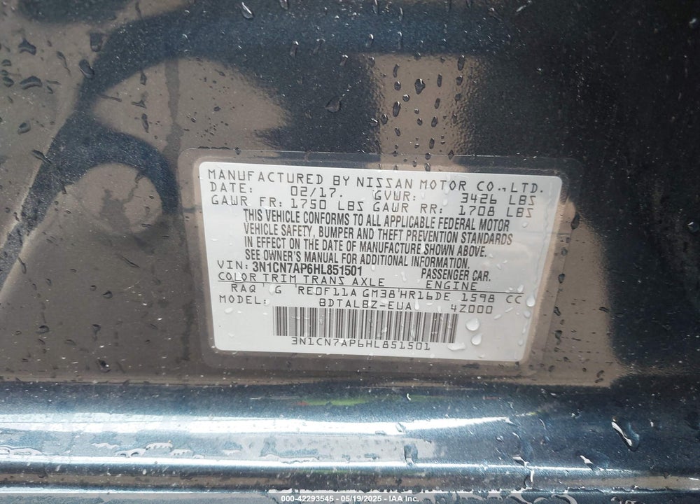 2017 NISSAN VERSA VIN: 3N1CN7AP6HL851501