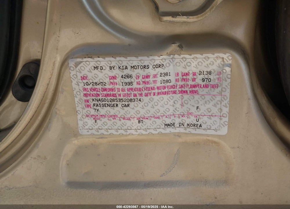 2003 KIA OPTIMA LX V6/SE V6 VIN: KNAGD128535208374