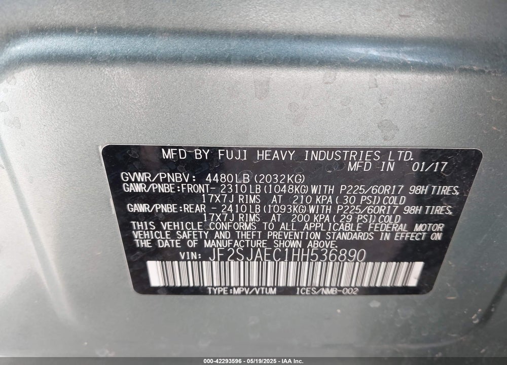 2017 SUBARU FORESTER 2.5I PREMIUM VIN: JF2SJAEC1HH536890