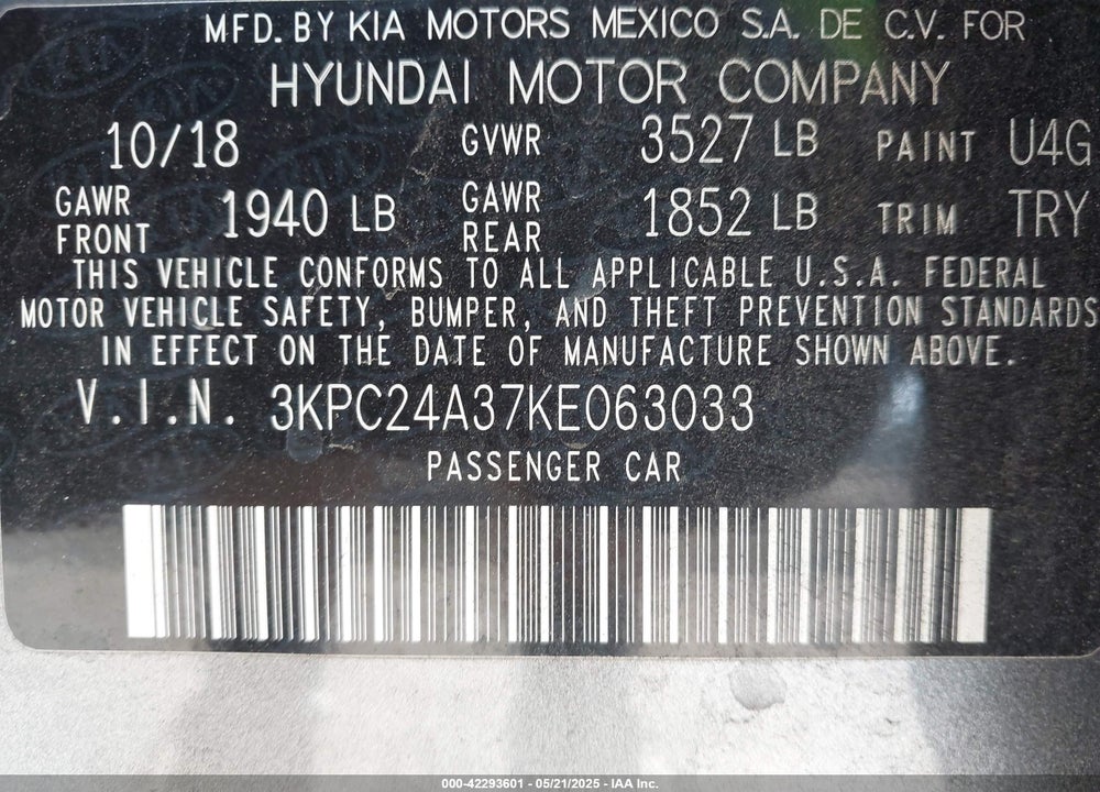 2019 HYUNDAI ACCENT SE VIN: 3KPC24A37KE063033