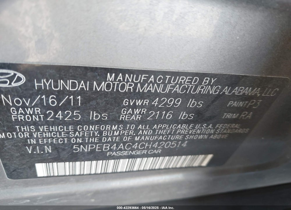 2012 HYUNDAI SONATA GLS VIN: 5NPEB4AC4CH420514