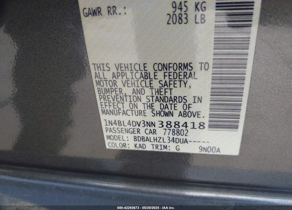 2022 NISSAN ALTIMA SV FWD VIN: 1N4BL4DV3NN388418