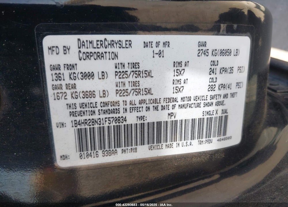 2001 DODGE DURANGO VIN: 1B4HR28N31F570834