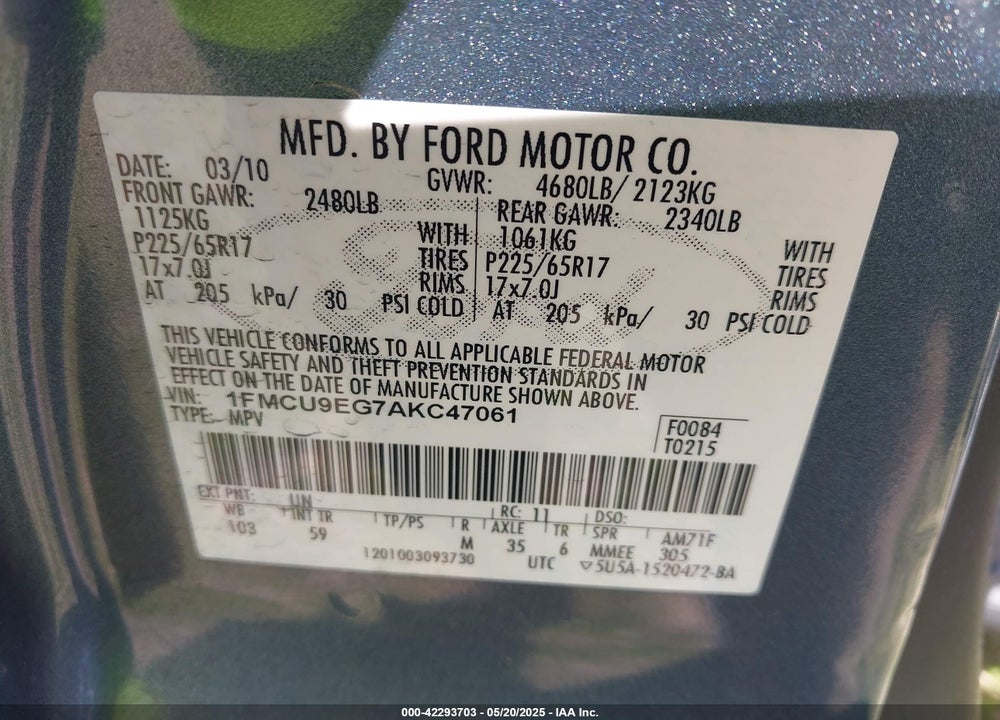 2010 FORD ESCAPE VIN: 1FMCU9EG7AKC47061