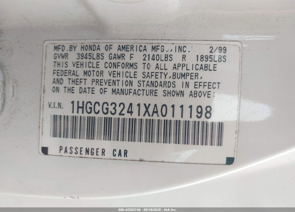 1999 HONDA ACCORD LX VIN: 1HGCG3241XA011198