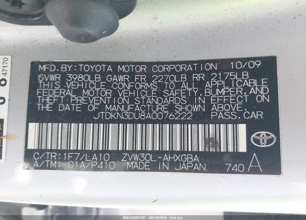 2010 TOYOTA PRIUS IV VIN: JTDKN3DU8A0076222