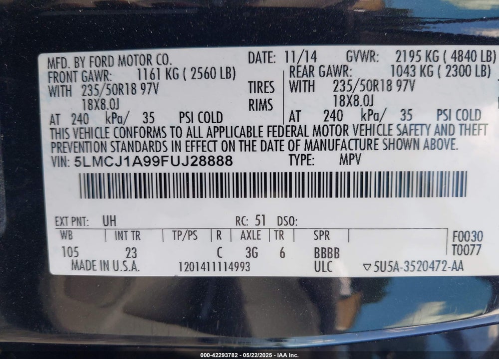 2015 LINCOLN MKC VIN: 5LMCJ1A99FUJ28888