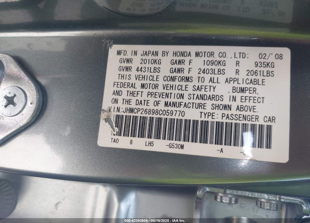 2008 HONDA ACCORD 2.4 EX-L VIN: JHMCP26898C059770