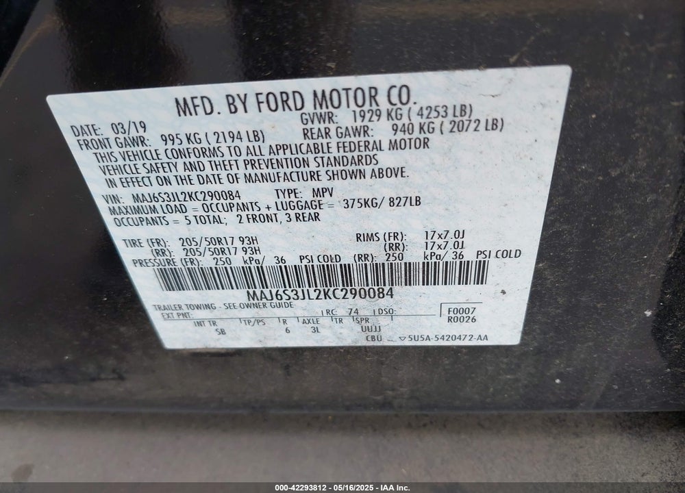 2019 FORD ECOSPORT SES VIN: MAJ6S3JL2KC290084