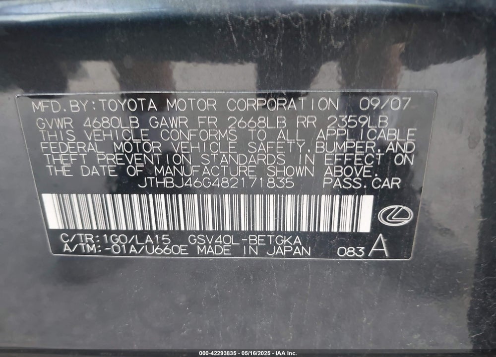 2008 LEXUS ES 350 VIN: JTHBJ46G482171835