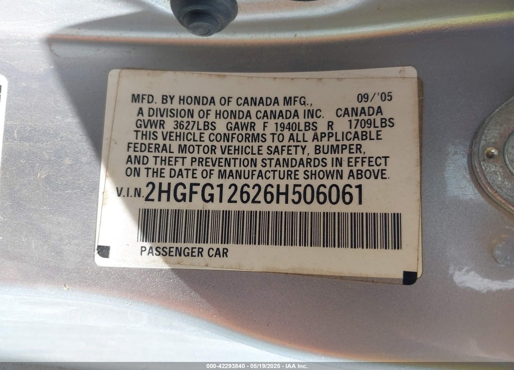 2006 HONDA CIVIC VIN: 2HGFG12626H506061