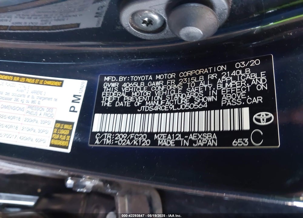 2020 TOYOTA COROLLA VIN: JTDS4RCE9LJ050564